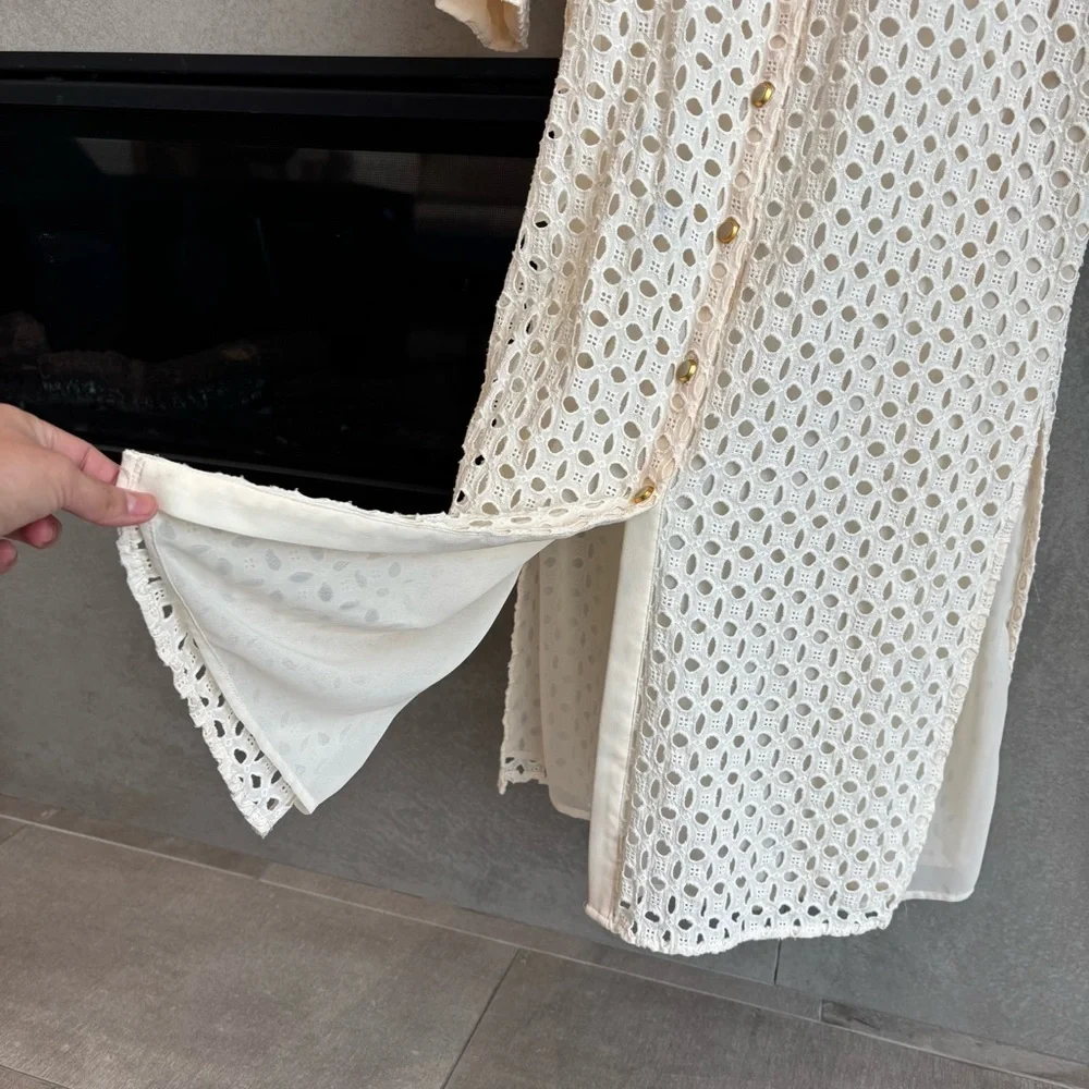 ZARA CREAM EMBROIDERED CUTWORK MIDI DRESS, SIZE M